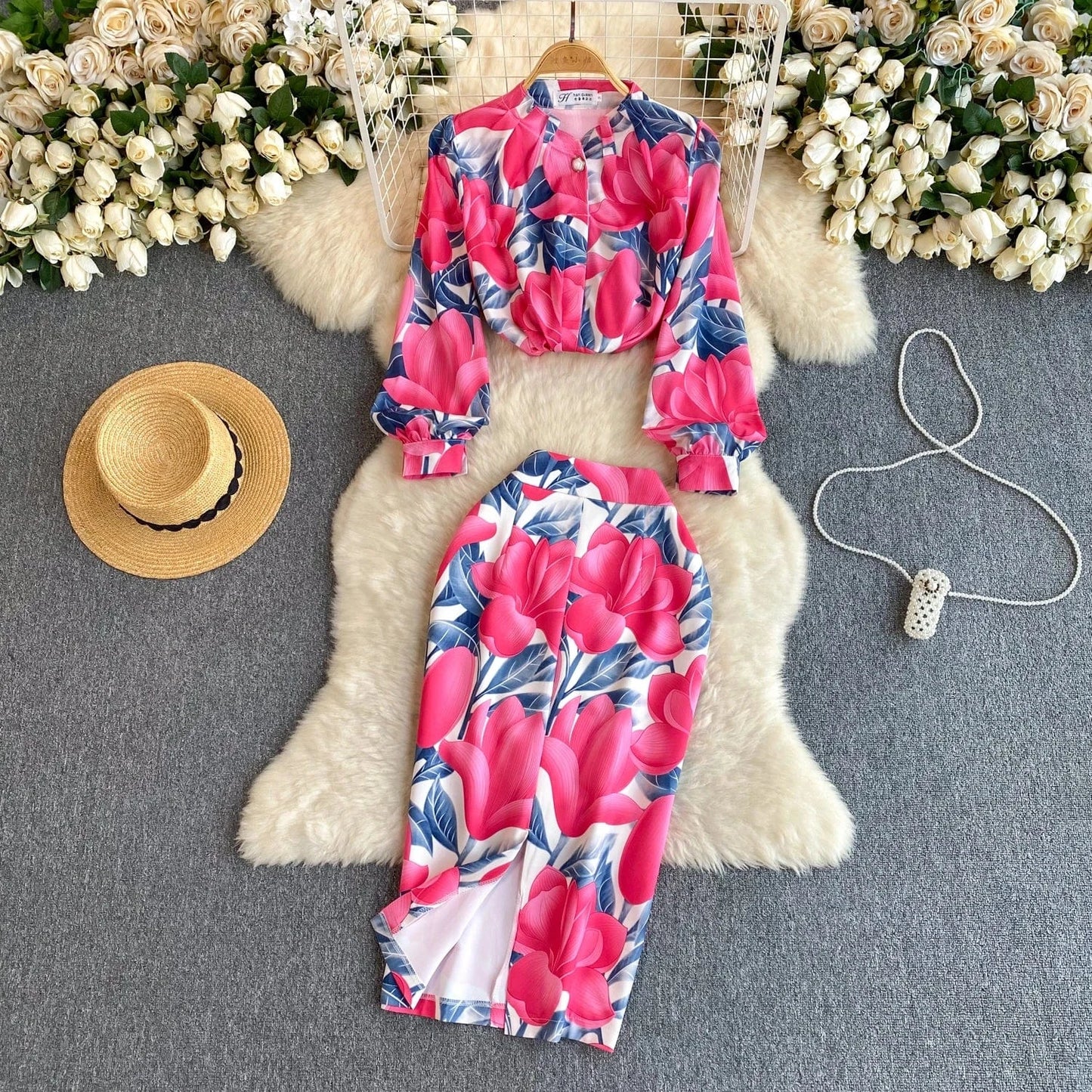 XL / Pink Women's Shirts Fashionable With A Split Half Skirt Temperament Two-Piece Dress