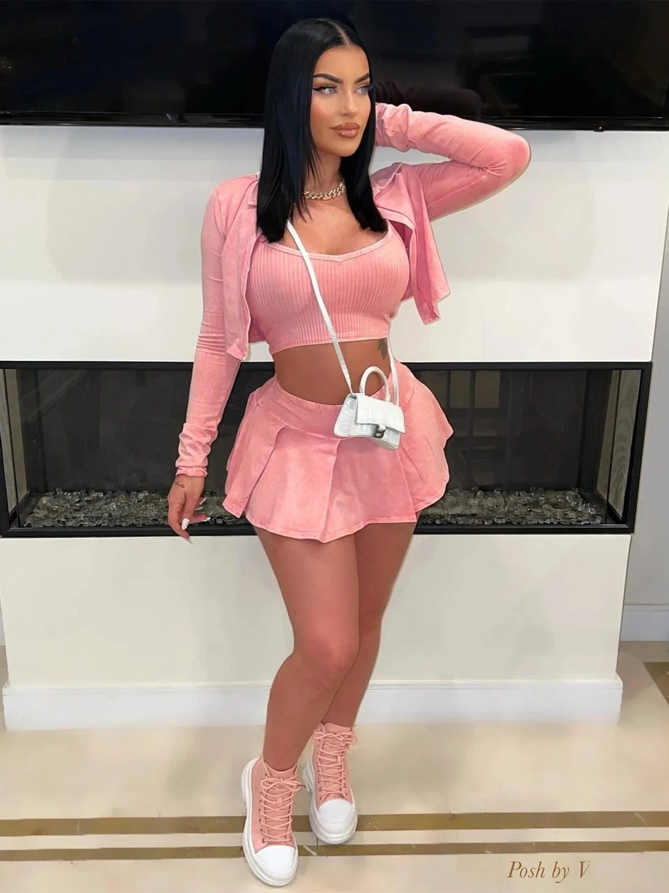 XL / Pink Women's Washed Jack Vest Pleated Mini Skirt 3 Three Piece Outfit Ash Wash High Quality Acid Mineral Wash Sportswear Skirt Sets