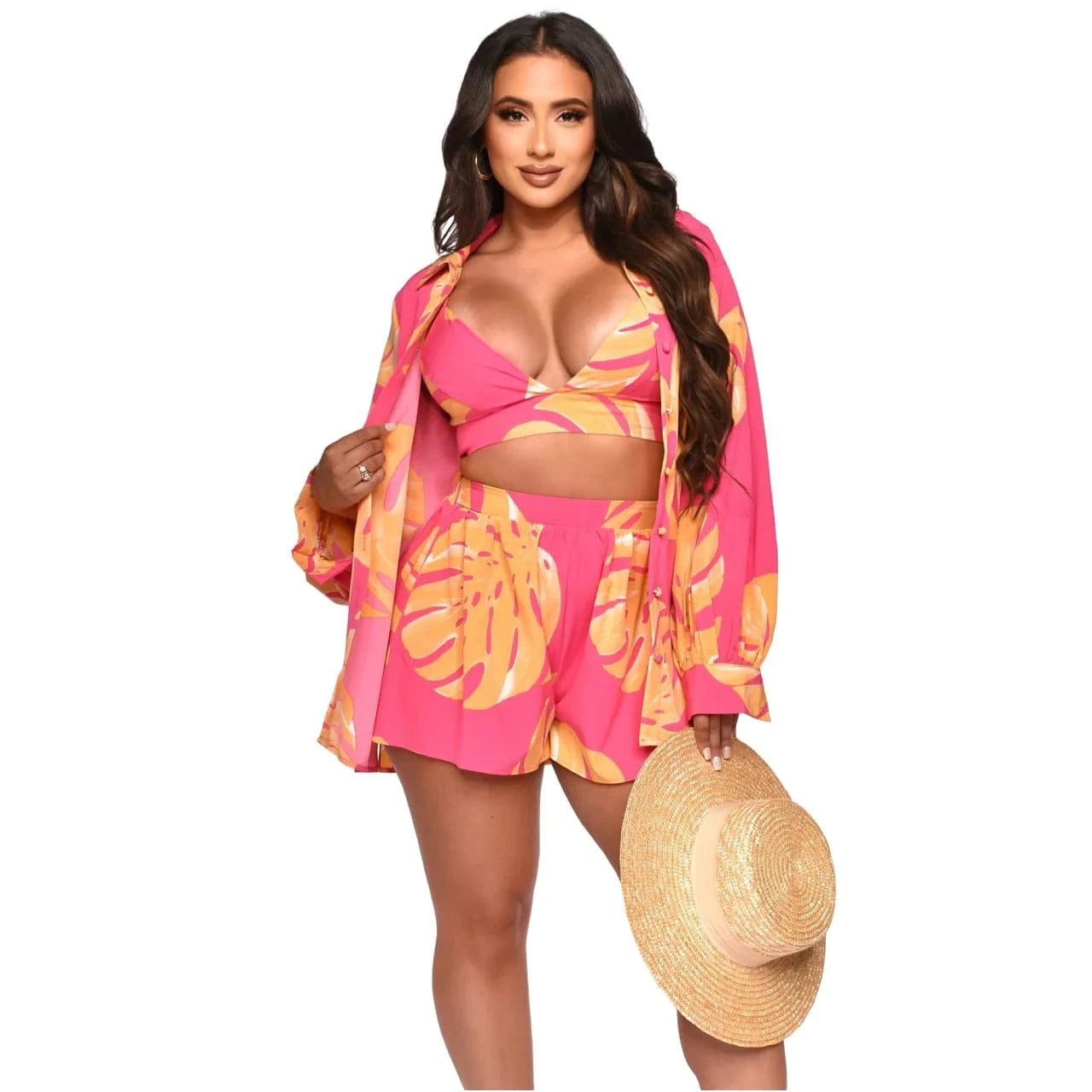 XL / Pink YD8757 Trendy boutique fall 2024 women clothes fashion printed lounge wear cardigan shirts mini shorts 3 piece set women's sets
