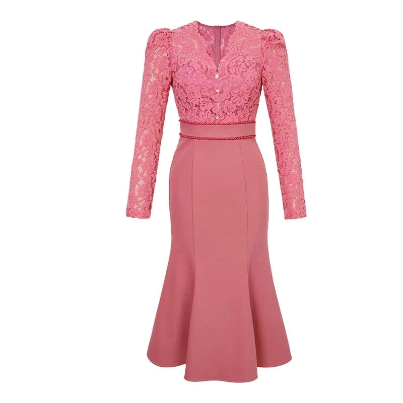 XL / Pink ZYHT 50612 In Stock Lady Floral Embroidery Stitching Fishtail Dress Beading Waist Decor V Neck Flared Dress