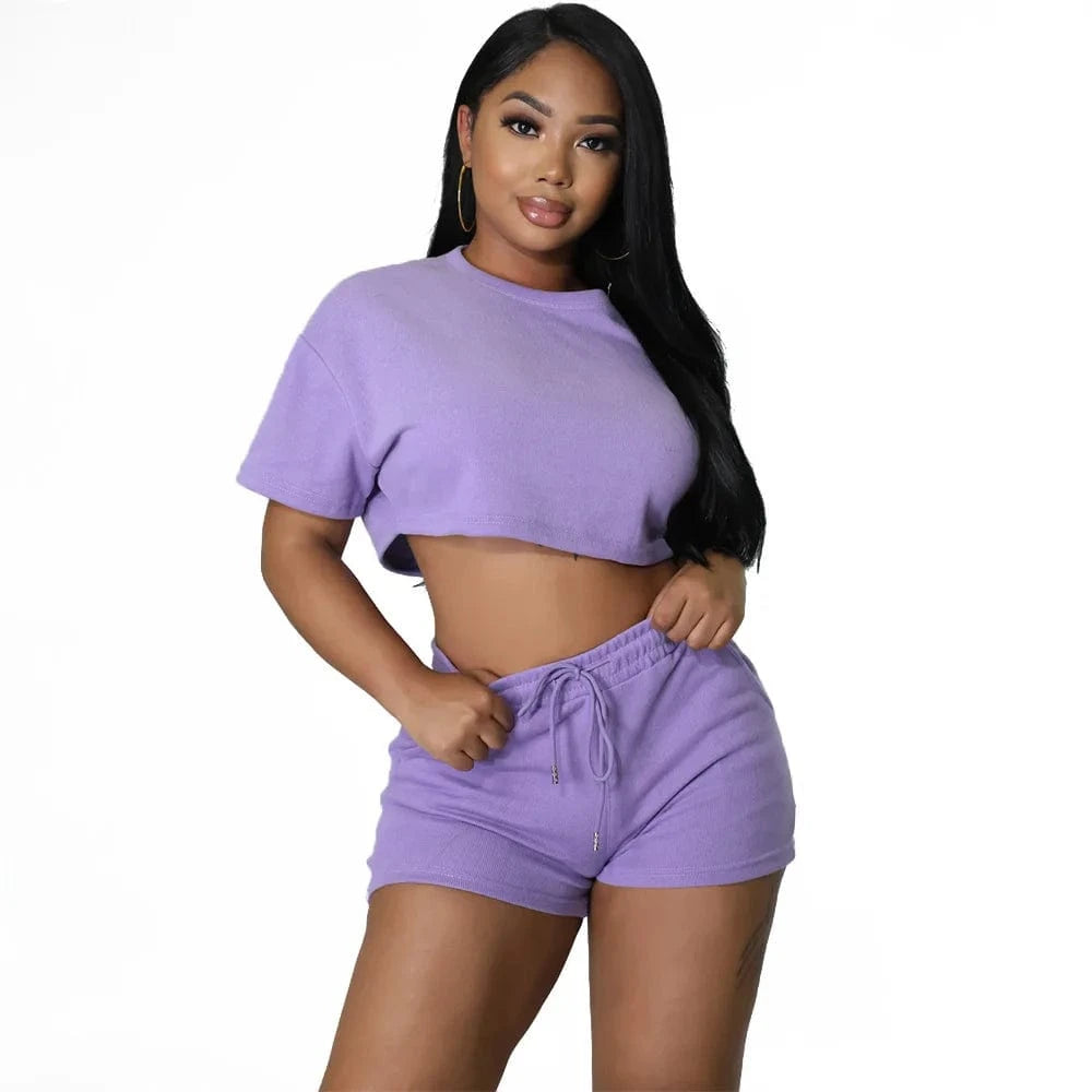 XL / Purple Summer 2024 Women Clothes Leisure Sport Sexy Solid Color Two-piece Set Outfits Short Women Two Pieces Sets For Women