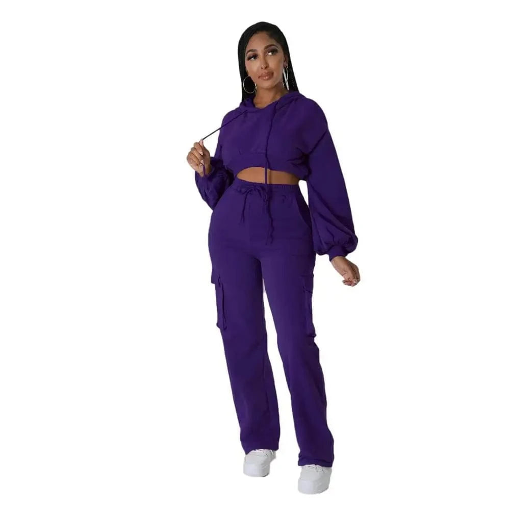 XL / Purple ZHEZHE 2024 The Latest Fashion Hot Casual Hoodie Solid Color Cargo Straight Trouser Suit Autumn And Winter Two Piece Sets