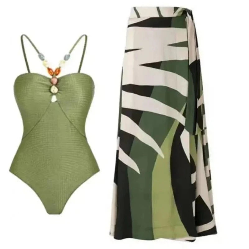 XL / QJY183Y7 2024 New Solid halter bikini One Pieces Swimwear Bathing Suit and skirt sets for Sexy Girl Follower Bather Suit Monokini OEMlogo