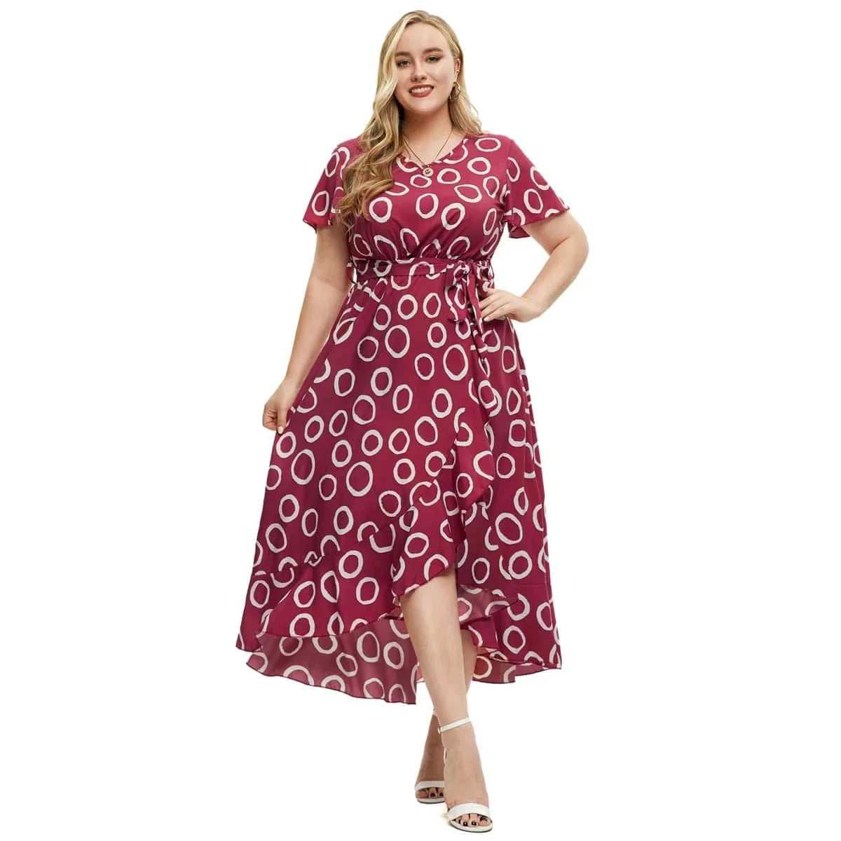 XL / Red 2024 New Arrivals women's v-neck short sleeve printed lace-up slit irregular dress