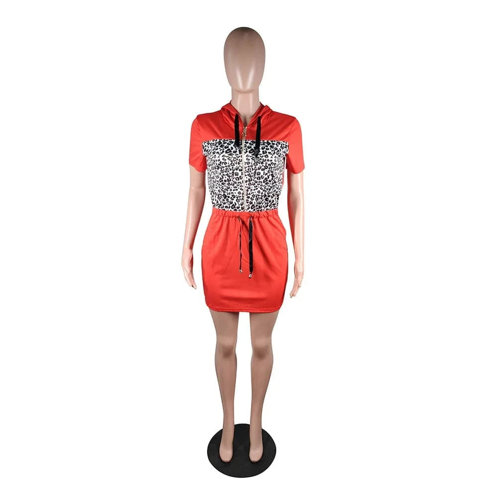 XL / Red 2024 New Fashion Patchwork Leopard Print Dress Short Sleeve Bodycon Dress Women Drawstring Hooded Dresses