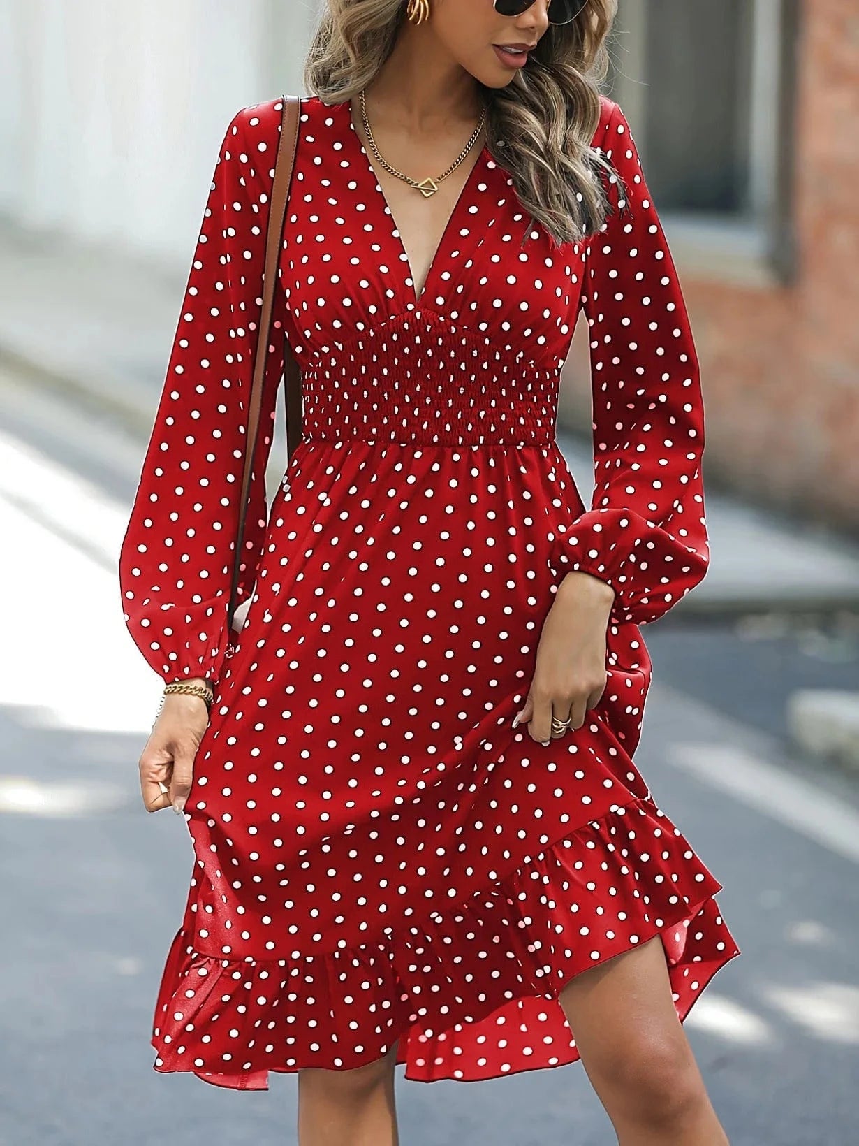 XL / Red 2024 Spring And Summer New Female Fashion Casual Dress Female Waist Print Thin V-neck Polka Dot Long Sleeve Lady Dresses