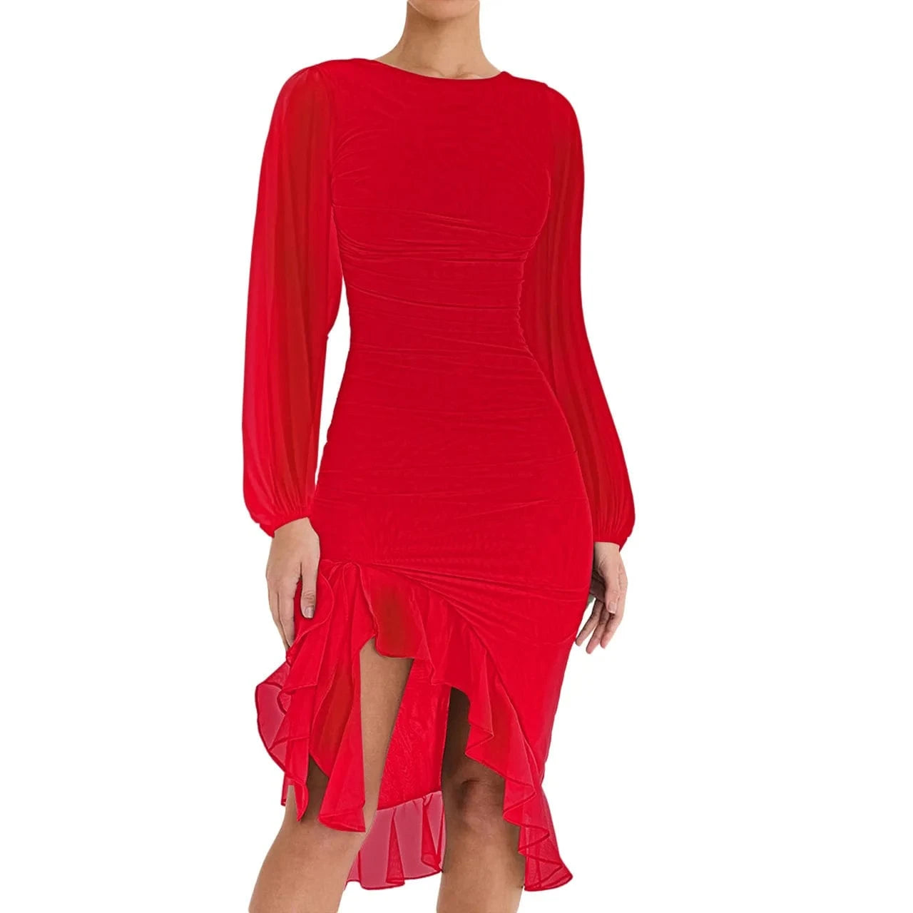 XL / Red 2024 spring summer long Sleeve lace Irregular bodycon Dress Net Women's Ruffles Casual Dress