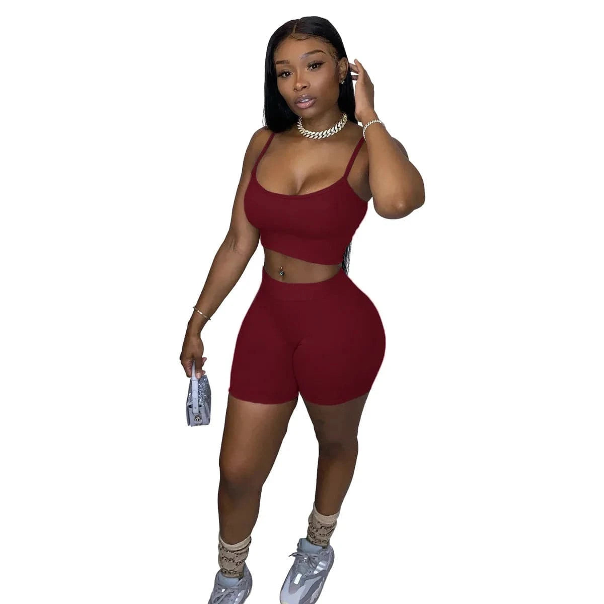 XL / Red 2024 women's wear European and American fashion casual solid color suspender Vest Top Shorts  two piece