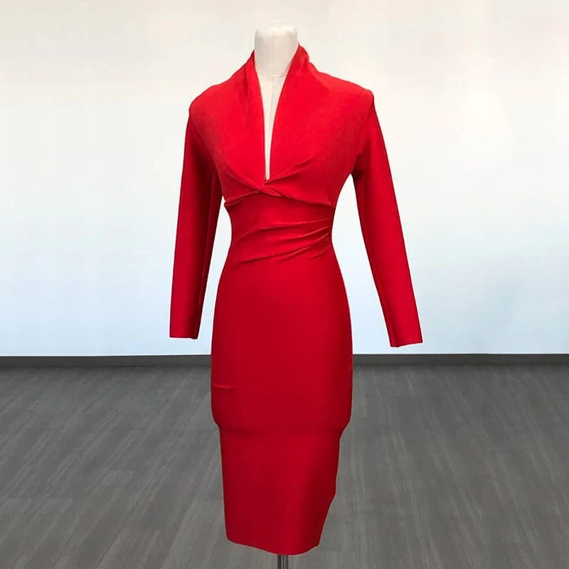XL / Red BA042 New Women's Top Party Casual Bandage Dress Long Sleeve High Quality Midi Vestidos Bodycon Deep V-Neck Sexy Evening Dresses
