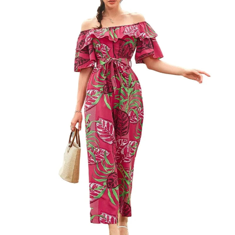 XL / Red DAMOCHIC Casual Ladies Jumpsuit Strapless Elegant Long Print Jumpsuit Beach Summer Chiffon Ruffle Floral Women Jumpsuit 2023