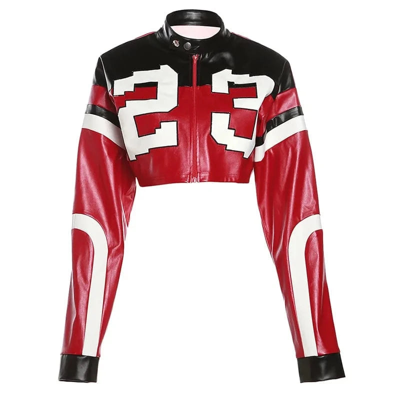 XL / Red Liu Ming Custom Logo Wholesale 2023 Autumn Streetwear Women Faux Leather Embroidery Jackets Zipper Patchwork Coat