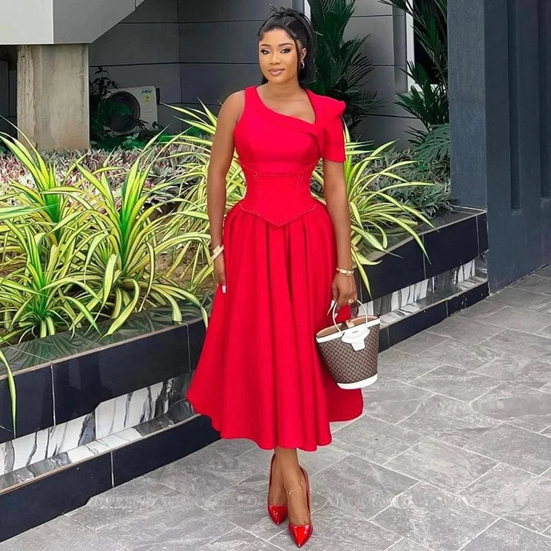 XL / Red Liu Ming Spring Summer Fashion 2024 Elegant Women Casual Short Sleeve High Waist Pleated Party Midi A Line Dress