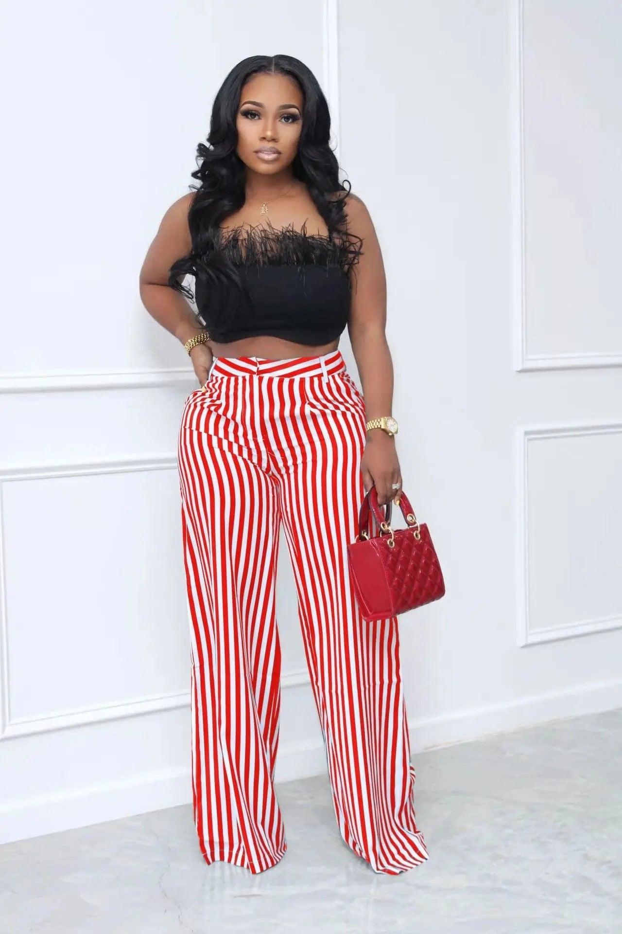 XL / Red Striped Women Wide Leg Pants Fashion Print High Waist Female Trouser Sexy Streetwear Loose Casual Streetwear Trousers