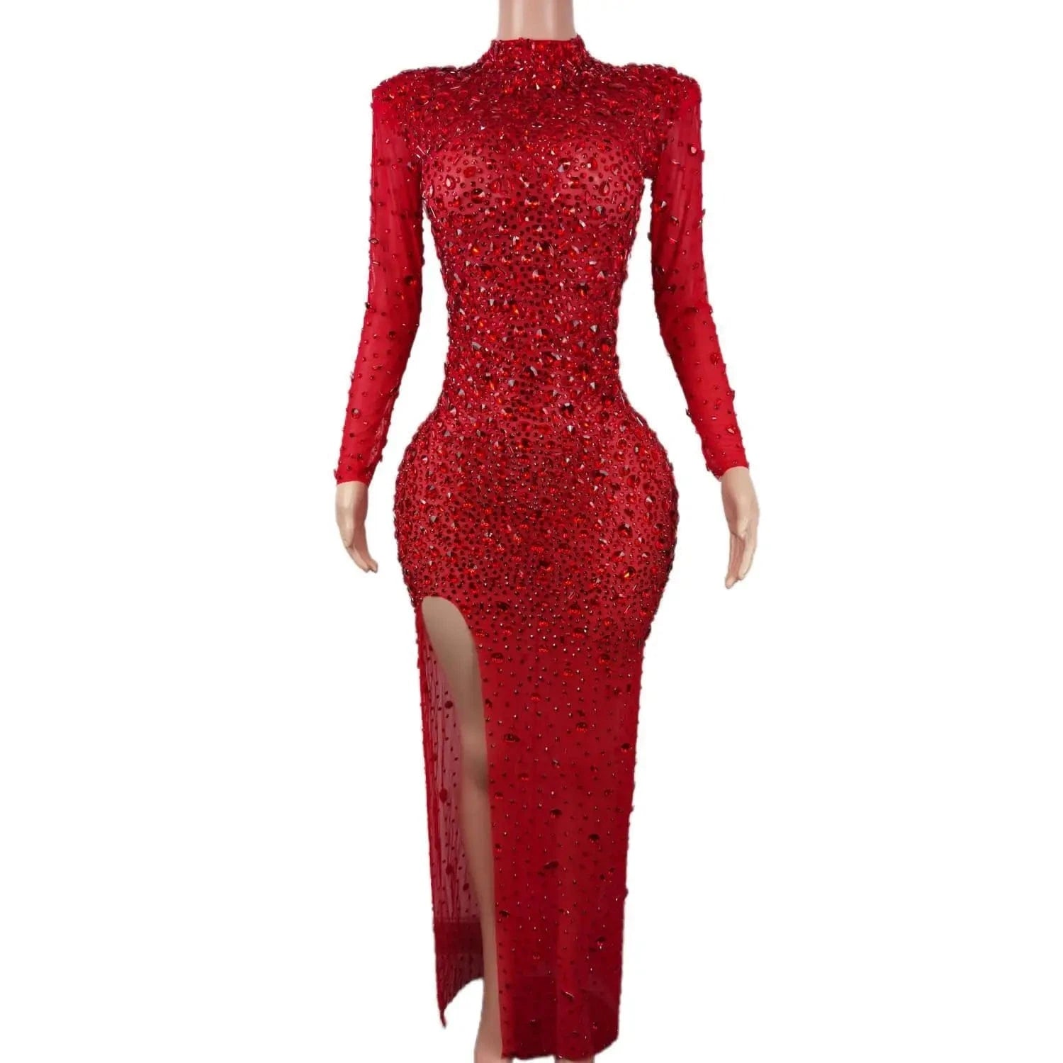 XL / Red Vestido Sexy See Through High Slit Crystal Birthday Wedding Formal Dresses Women Lady Elegant Maxi Dinner Night Evening Dress