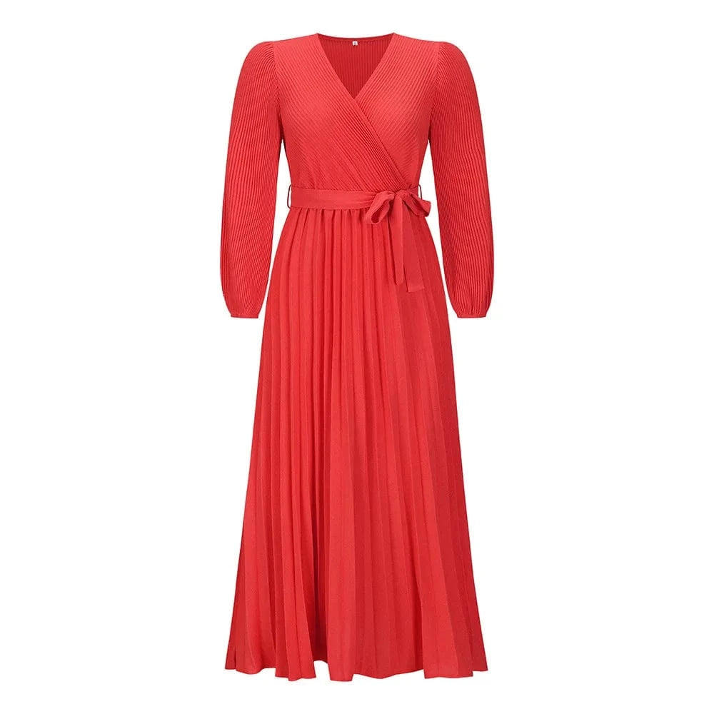 XL / Red Women solid Bohemia V-Neck Long Sleeve Pleated A-Line Maxi Dresses Lady casual dresses