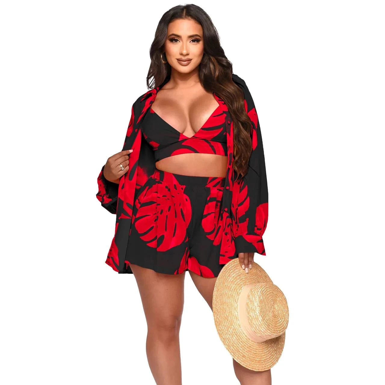XL / Red YD8757 Trendy boutique fall 2024 women clothes fashion printed lounge wear cardigan shirts mini shorts 3 piece set women's sets