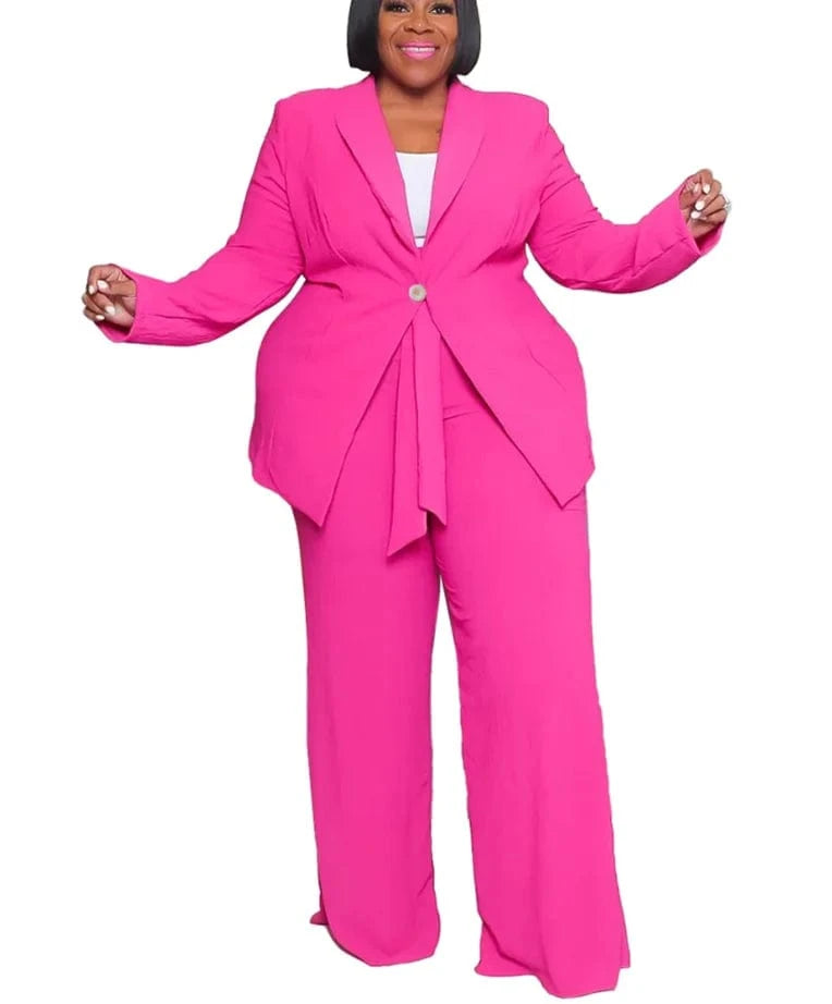 XL / rose red Liu Ming Woman Fashion Clothing Two Pieces Plus Size Elegant Outfit Blazers Top and Pants Set