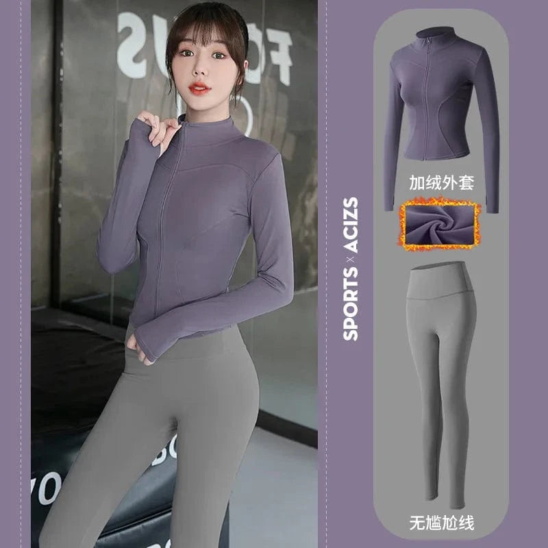 XL / Sauce purple+sea rock ash 2023 New Design Women's 2-Piece Active Wear Zip Tracksuit Slim Fit Jogger Nylon Spandex Sports Jacket Top Butt Lifting Plus Size