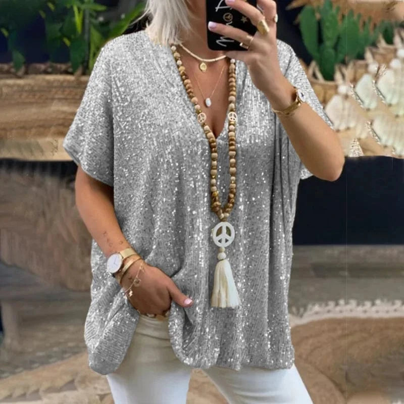 XL / silver / Polyester Women New Sequined T-shirt 2024 Summer Fashion Ladies Mid-length Short-sleeved T-shirt Women Sexy Ins Bright Glitter Loose Tops