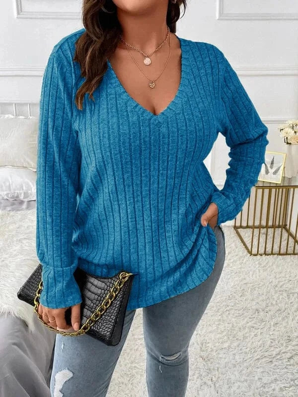 XL / Sky Blue 2024  Solid Color Large Size Women's top V-neck Long Sleeve Women  Autumn Winter Pit Strip Woolen  Loose Casual Sweater