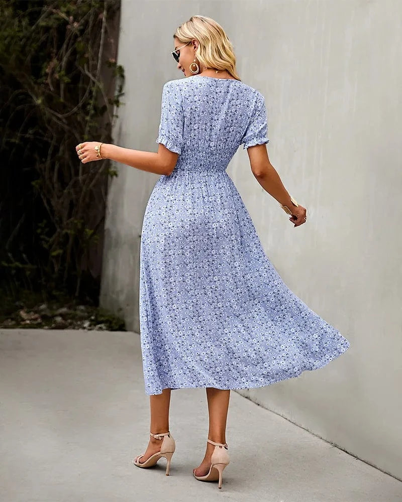 XL / Sky Blue Long Vacation Style Print Dress Women Elastic Waist V Neck Big Swing Fashion Summer Short Sleeve Dresses New 2024