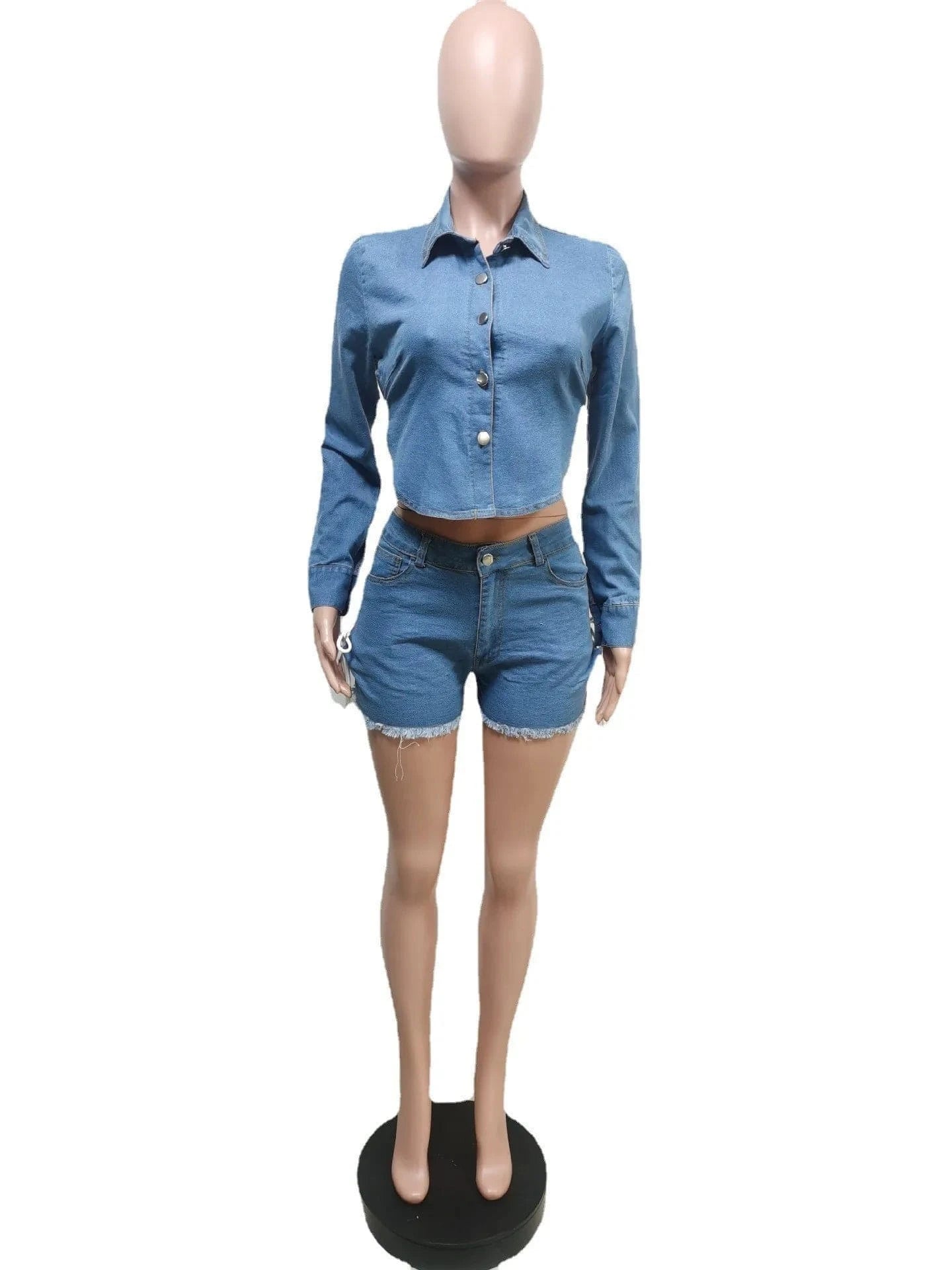 XL / Sky Blue Spring 2024 Women Clothes Backless Bandage Shirt And Denim Shorts Women's Denim Suit Crop Top 2 Piece Shorts Set