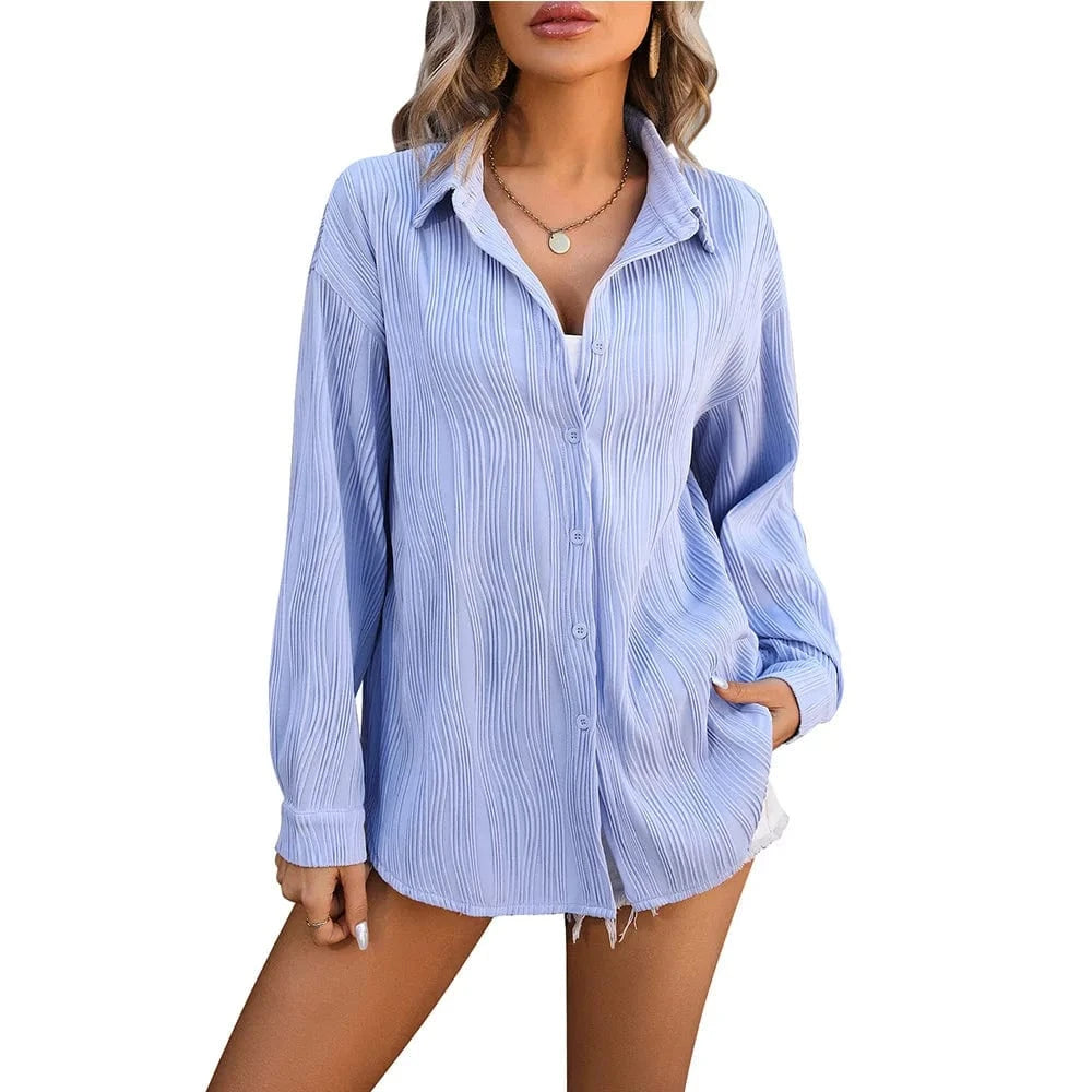 XL / Sky Blue Spring Summer New Wavy Texture Loose Fashion Shirt Ladies Office Casual Lapel Long Sleeves Shirt