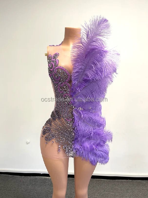 XL / TH23072205 purple Ocstrade Beaded Sparkly Feather Evening Dress Purple Dresses Women Lady Elegant Sexy Rhinestone Chain Prom Dresses 2023 Short