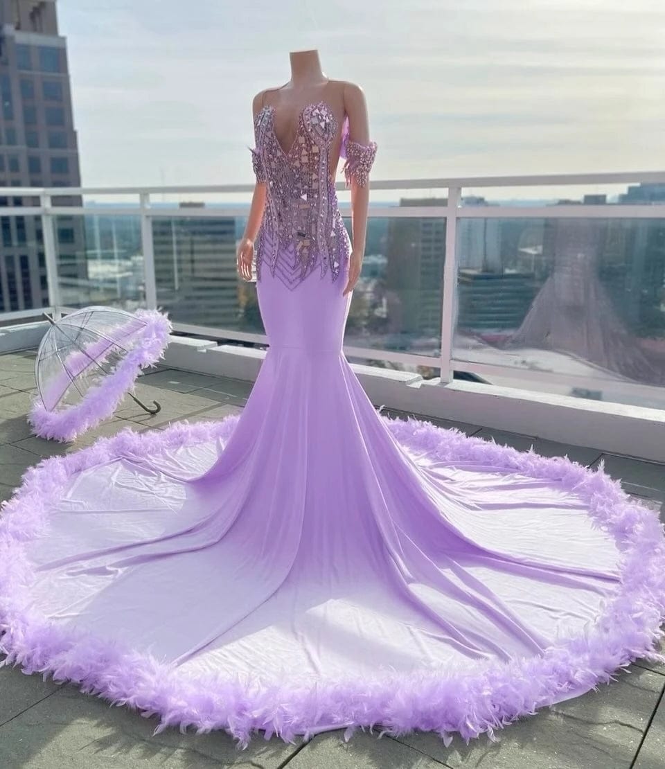 XL / TH23121504 PURPLE Ocstrade 2024 New Design Pink Satin Prom Dress Sparkly Rhinestone Diamond Long Gown Chic Evening Dress With Feathers Elegance