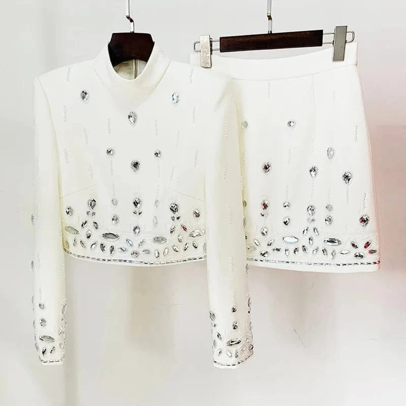 XL / White 2024 European Style Lady Office Work Suit Fine Workmanship Beading Rhinestone Turtleneck Tops Pencil Mini Skirt Women 2Pcs