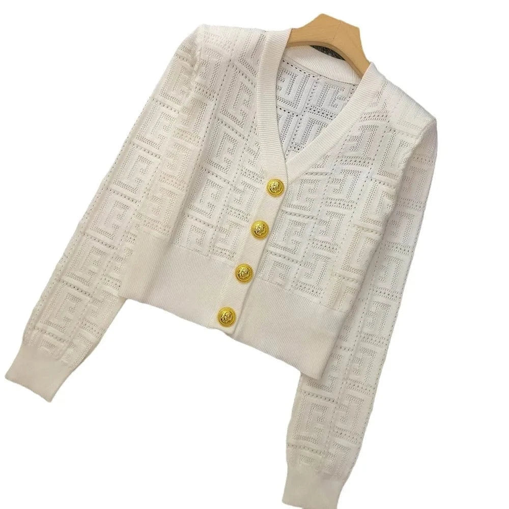 XL / White 2024 New Arrival Spring Summer Women Solid V-neckline Coat Design Knitted Office Lady Single-breasted Hollow Out Cardigan
