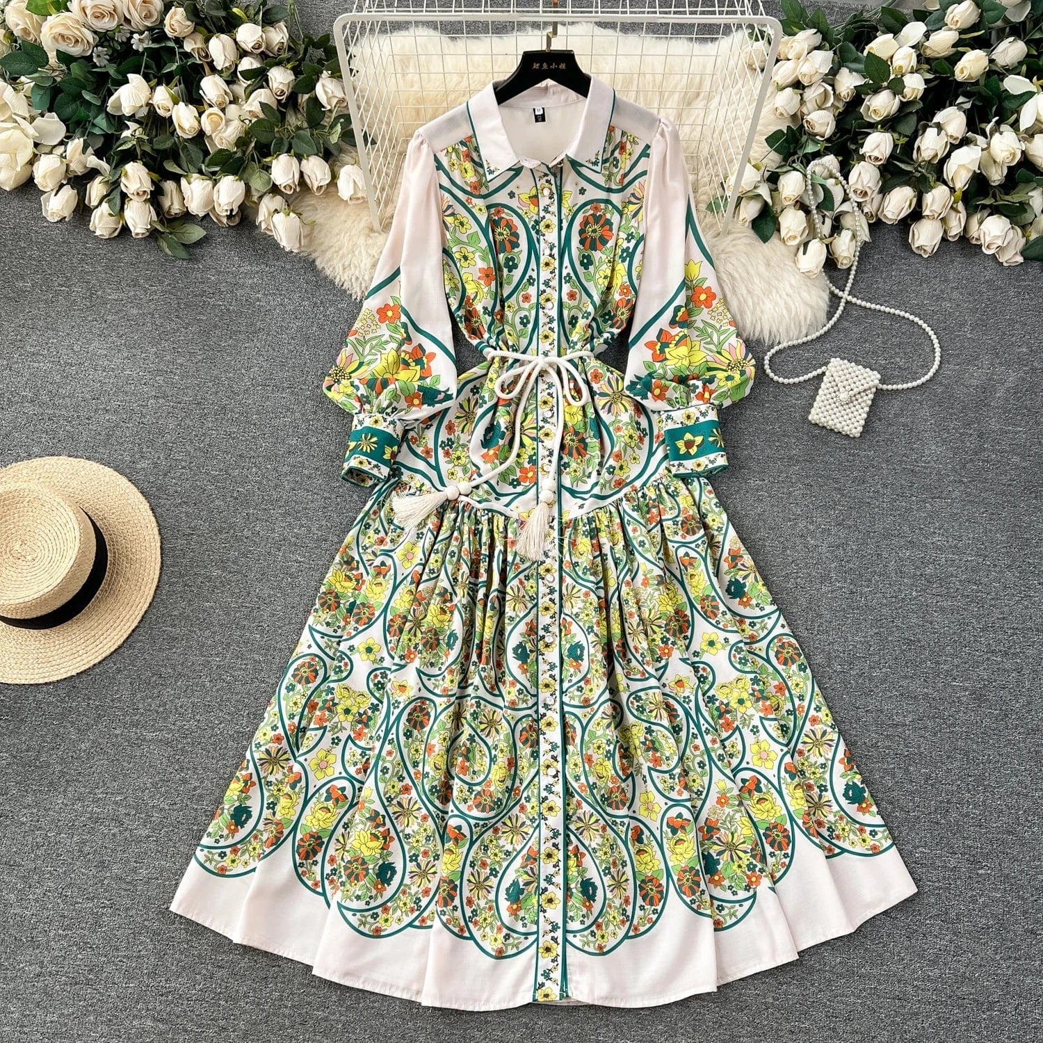 XL / White 2024 Spring Autumn Retro Style Evening Gown Lantern Long Sleeve Belted Slim Single-breasted A-line Print Dress