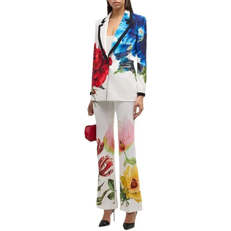 XL / White 2024 Spring Lady Office High Quality Stylish Floral Suit Single Button Long Sleeve Blazer Flared Pants Women Casual 2Pcs