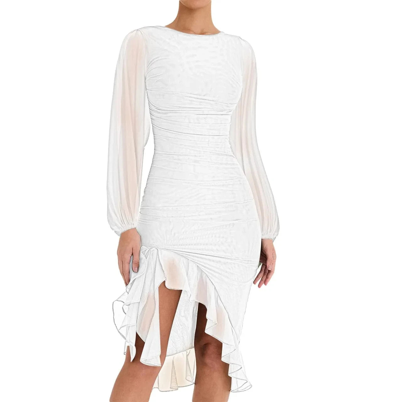 XL / White 2024 spring summer long Sleeve lace Irregular bodycon Dress Net Women's Ruffles Casual Dress