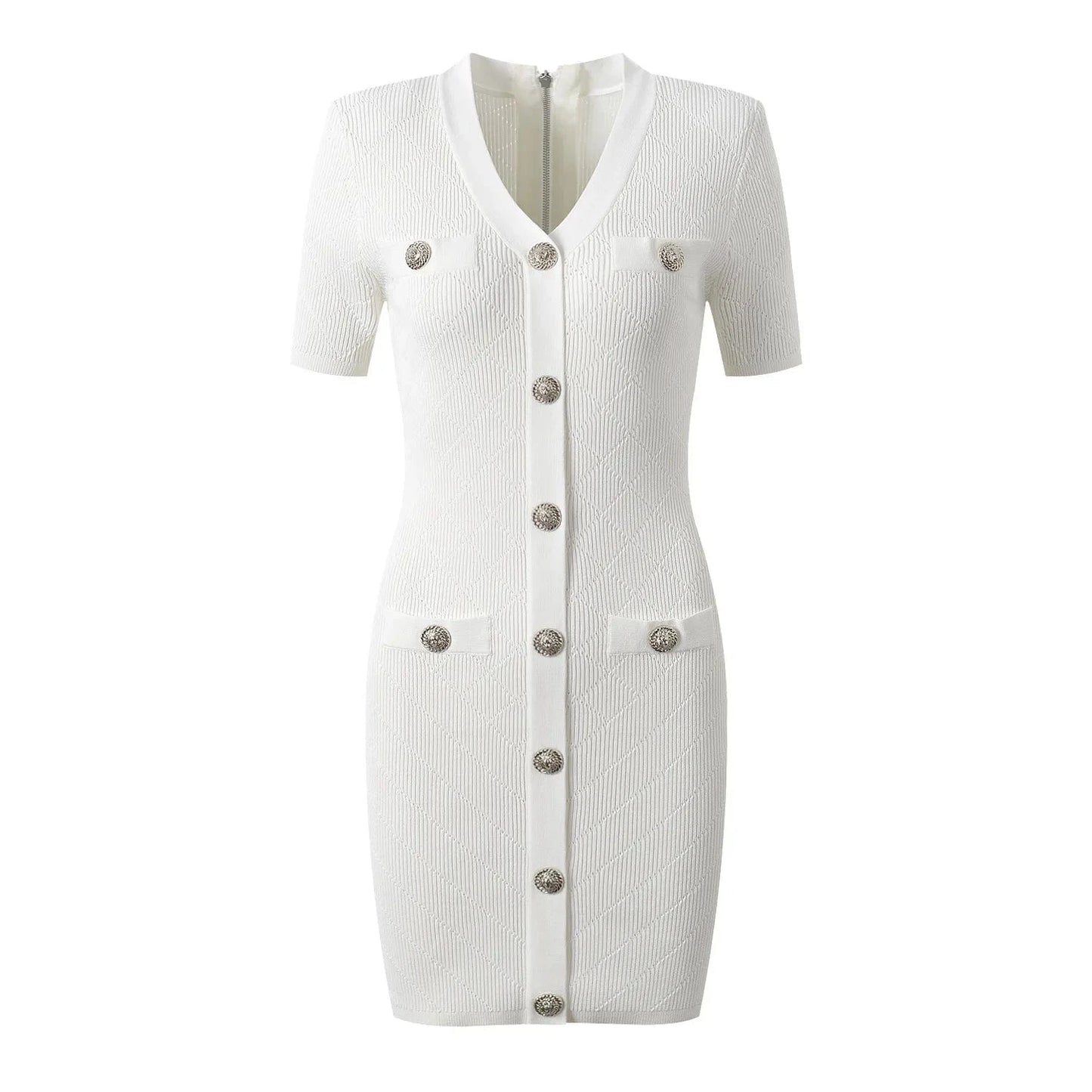 XL / White 2024 Summer Elegant Style Quality Short Sleeve Sexy V-neck Boydcon Stretchy Casual Women Knit Solid Mini Dress