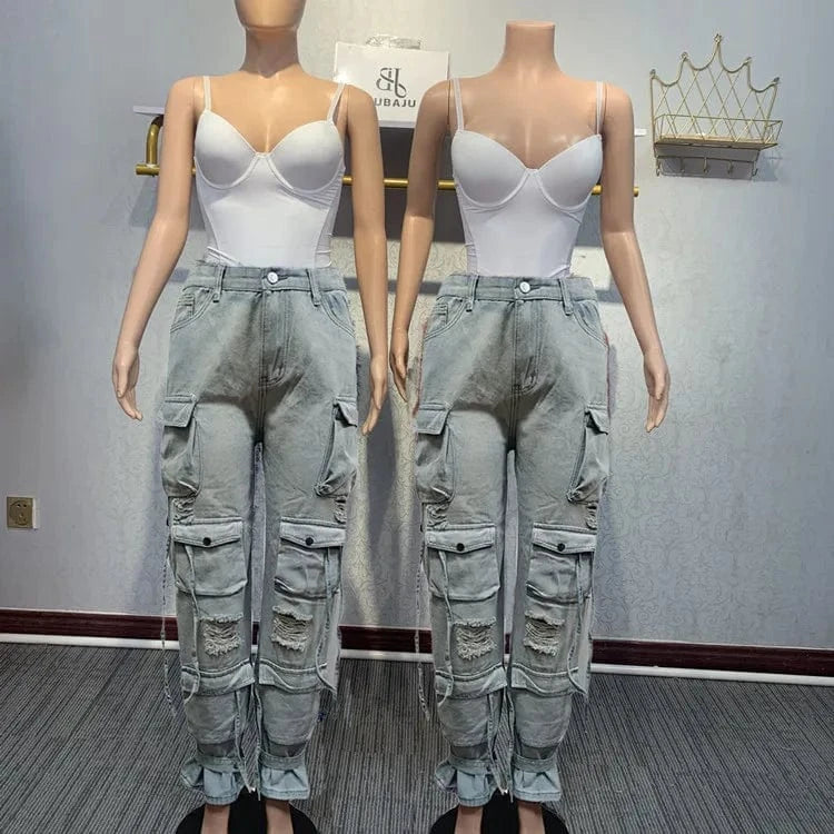 XL / White 2024 Summer New Sleeveless Corset Tank Tops +Cargo Denim Pants Two-piece Sets Women