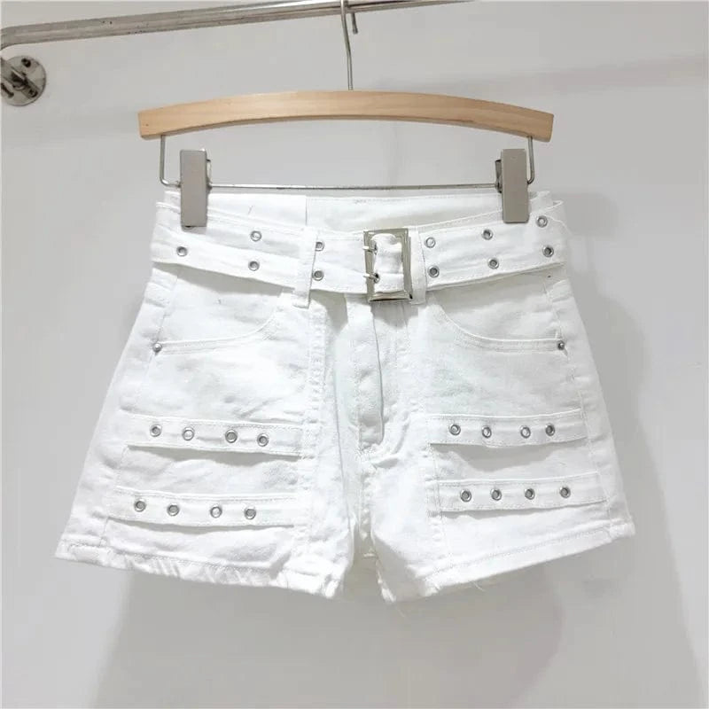 XL / White C0833 Retro design high waisted loose stretch casual sports denim shorts for women