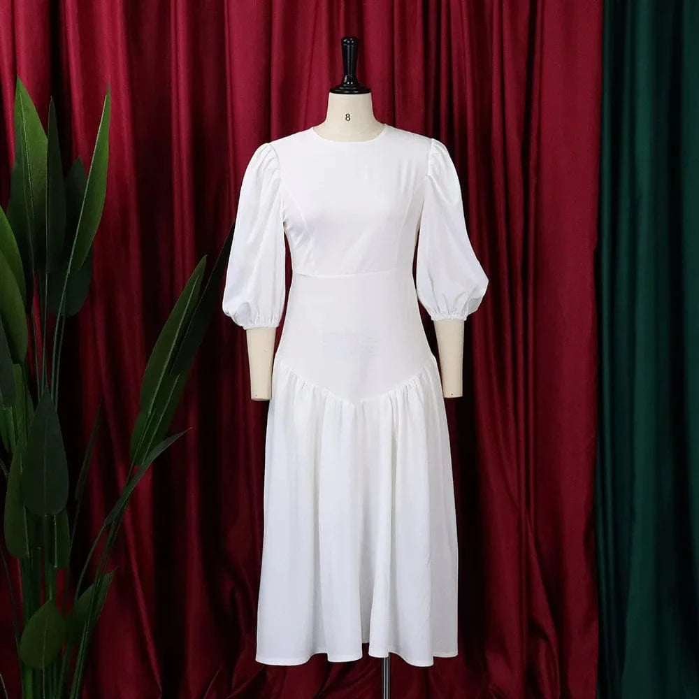 XL / White Lanxi New Model American Elegant Lady Africa Clothing Spring Long Puff Sleeve Pleat Casual Dresses Plus Size Fashion Dress Women
