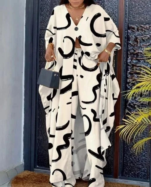 XL / White Liu Ming New Arrivals Autumn 2024 Women Casual Printing Loose Long Split Top Wide Leg Pants 2 Piece Suit