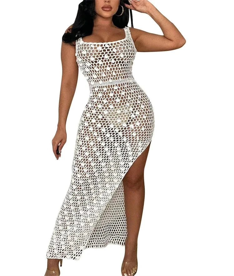 XL / White Sequined Patchwork Hand Knitted Tank Long Dress Women Sexy Hollow Out Sleeveless Side High Split Summer Beach Robe Cover Up