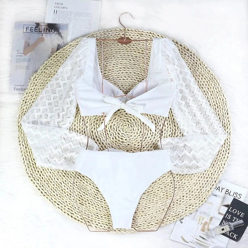 XL / White TW71038 2024 New design swimsuit white high waist swimwear long sleeves mesh transparent women bikini set