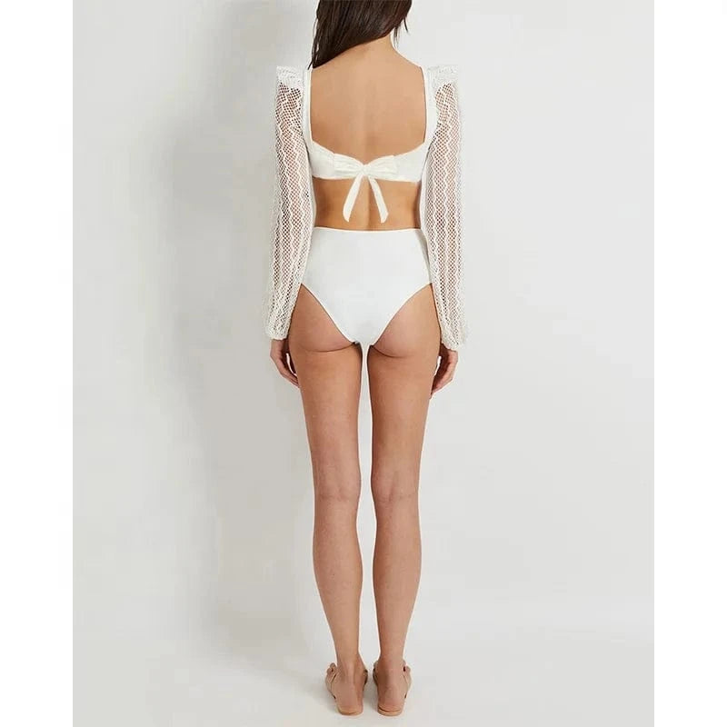 XL / White TW71038 2024 New design swimsuit white high waist swimwear long sleeves mesh transparent women bikini set