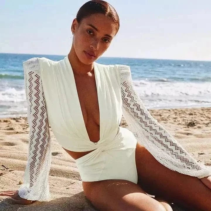XL / White TW71038  2024 swimwear custom long sleeve mesh one piece bathing suit bikinis & beachwear Swimsuit Swimwear Women