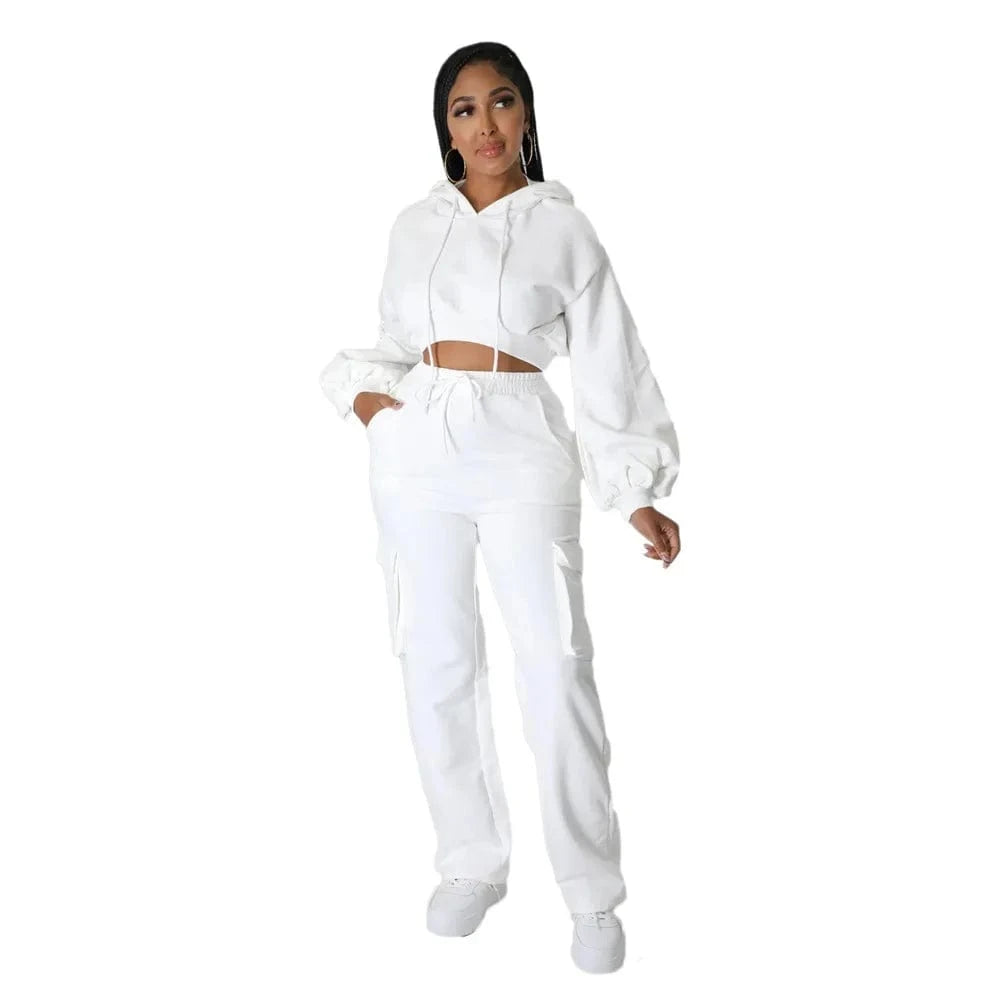 XL / White ZHEZHE 2024 The Latest Fashion Hot Casual Hoodie Solid Color Cargo Straight Trouser Suit Autumn And Winter Two Piece Sets
