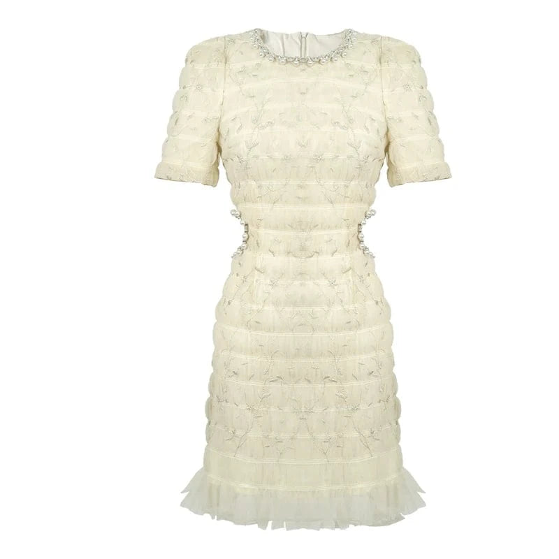 XL / White ZYHT 40141 Sweet Mesh Design Diamond Beading Round Neck Mini Dress Side Waist Hollow Out Sexy Multi Layer Short Sleeve Dress