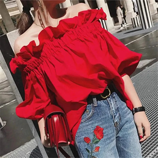 XL Women Korean Ruffles Off Shoulder Tee Top Puffy Sleeves Red Chiffon Blouse Female Oversize Casual Shirt Lady Chic New