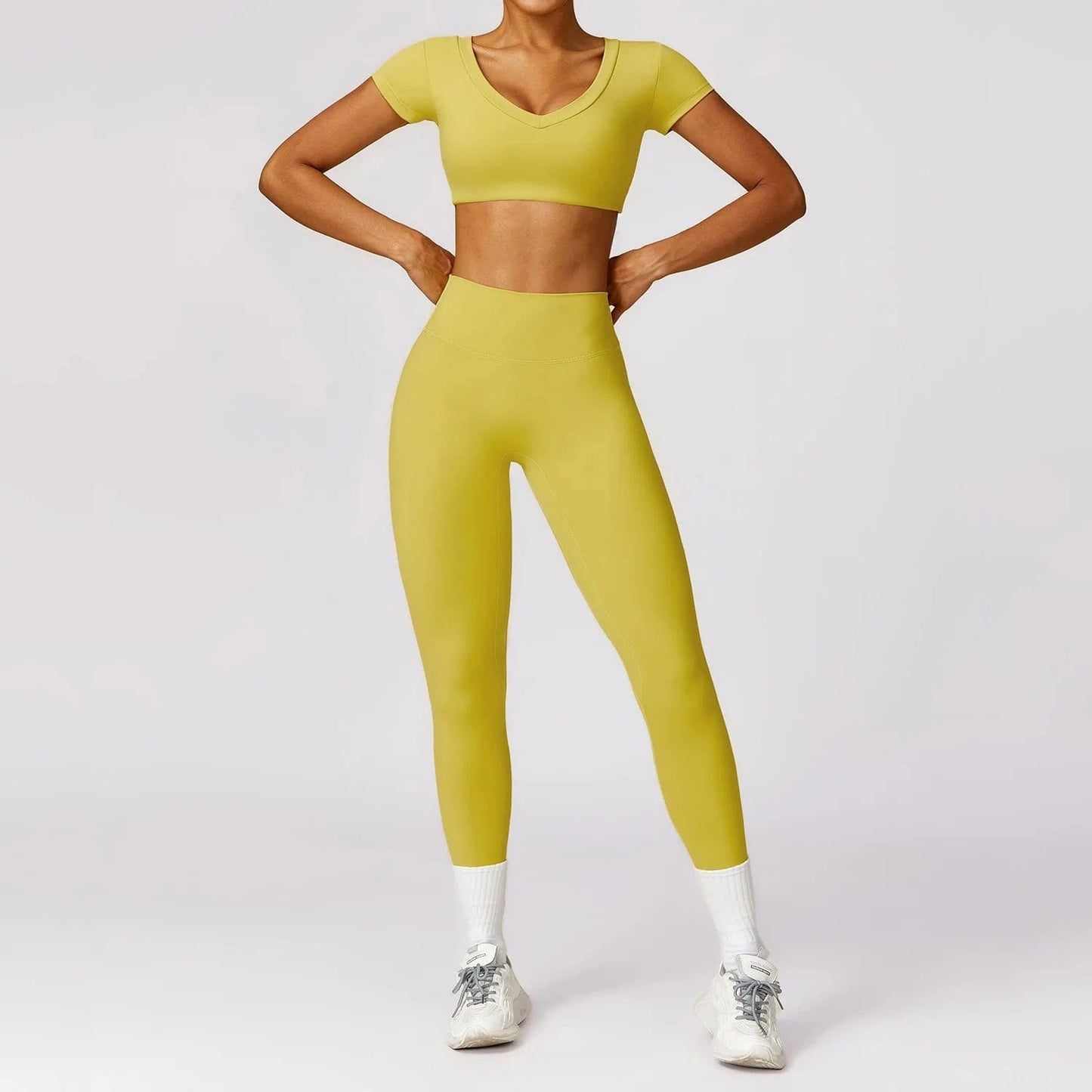 XL / Yellow Custom logo High Quality Gym Sports Workout Short Sleeve Sweatshirt Leggings Outfit 2024 Women Fitness Yoga Sets