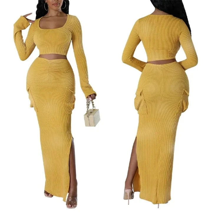 XL / Yellow Fashion Knit Ribbed Women's Set Long Sleve Jacket and Pocket Side Split Maxi Skirts 2024 Two 2 Piece Sets