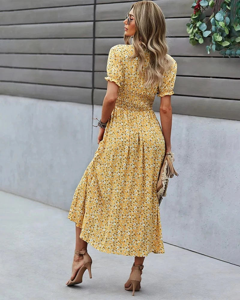 XL / Yellow Long Vacation Style Print Dress Women Elastic Waist V Neck Big Swing Fashion Summer Short Sleeve Dresses New 2024