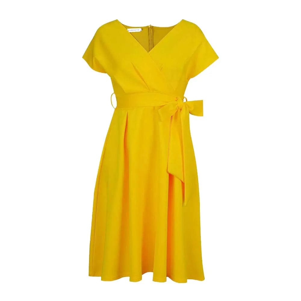 XL / Yellow New Product Ideas Summer V-neck Waistband Bow Tie European and American Solid Color Evening Gown Women 2024 Elegant Dress